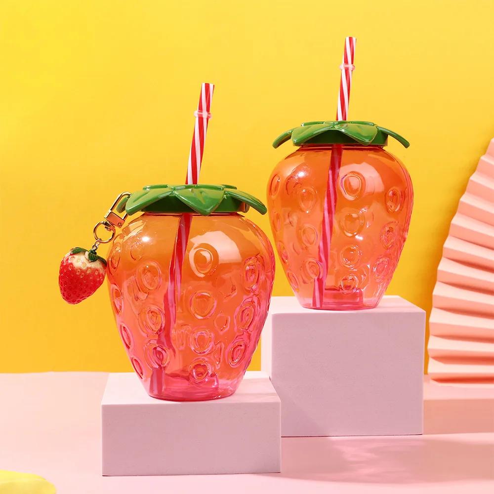 Tasse de paille de fraise 500ml, 1 pièce, dessin animé mignon d'été, qualité alimentaire PP, large A