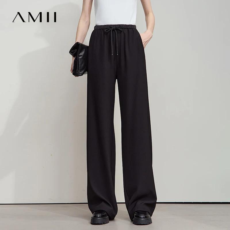 AMII 2025 automne femmes pantalon ample décontracté à lacets élastique jambe large pantalon droit so