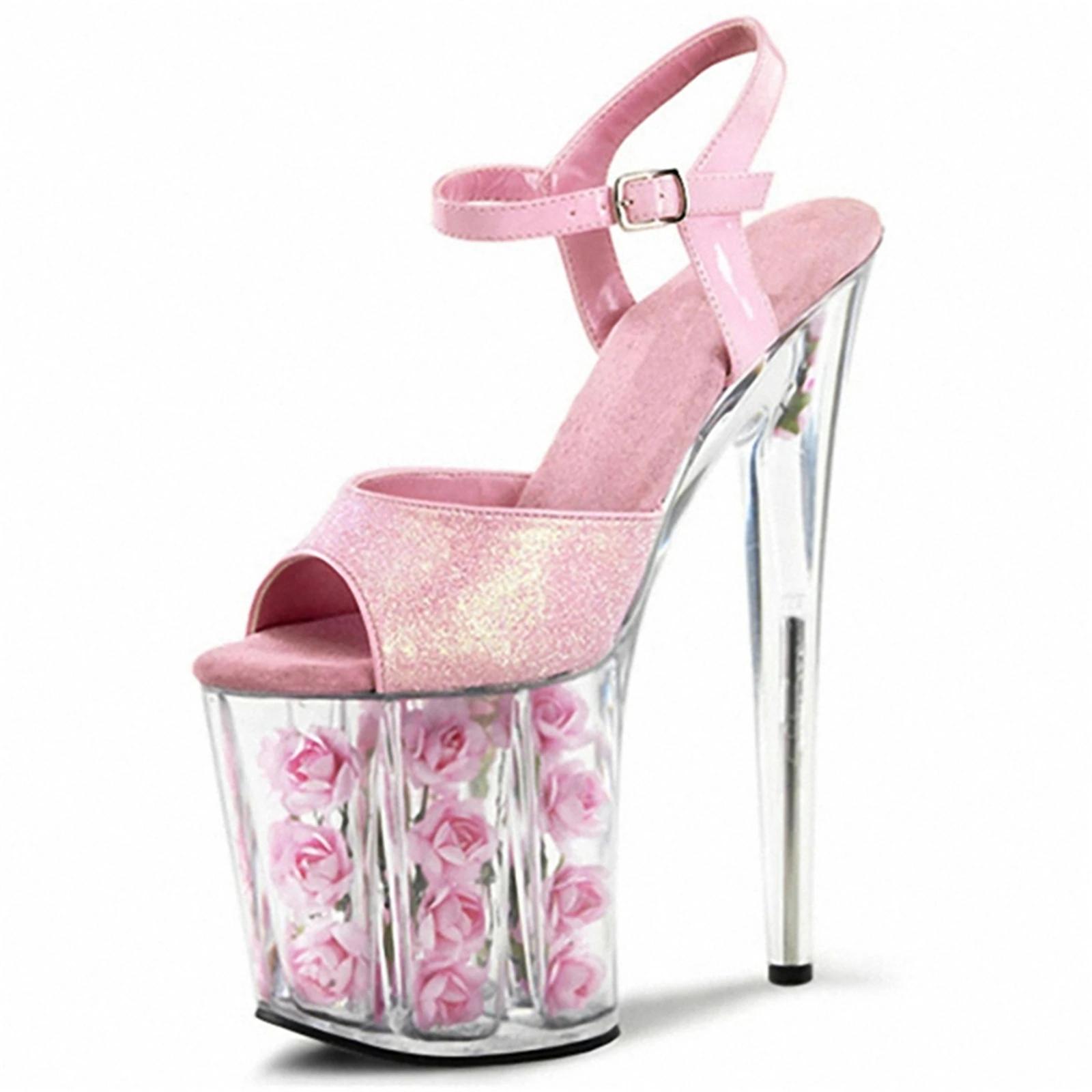 Chaussures de mariage à talons roses de 20CM, sandales à plateforme en cristal rouge avec fleurs fra