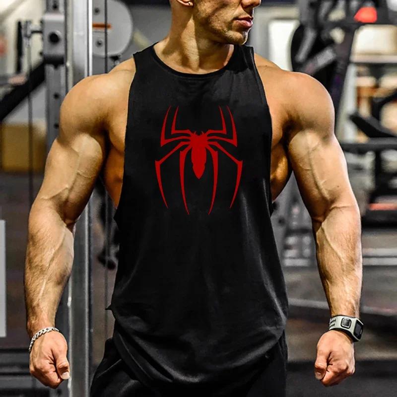 Débardeur de course imprimé araignée rouge, T-Shirt sans manches respirant en coton pour hommes, vêt
