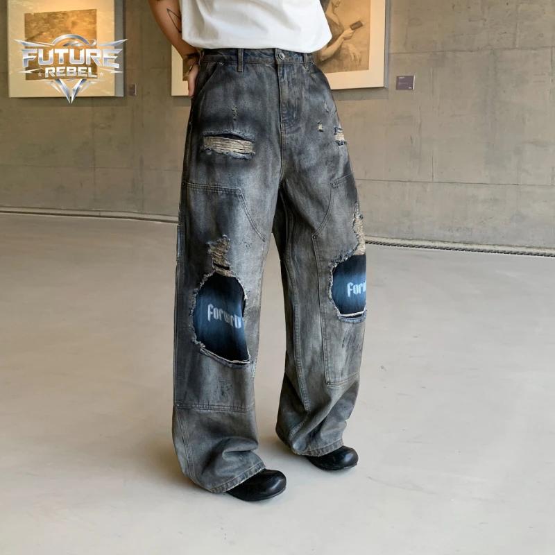 Jeans streetwear vintage américains, amples, style hip-hop, délavés, déchirés, tendance gothique Y2K
