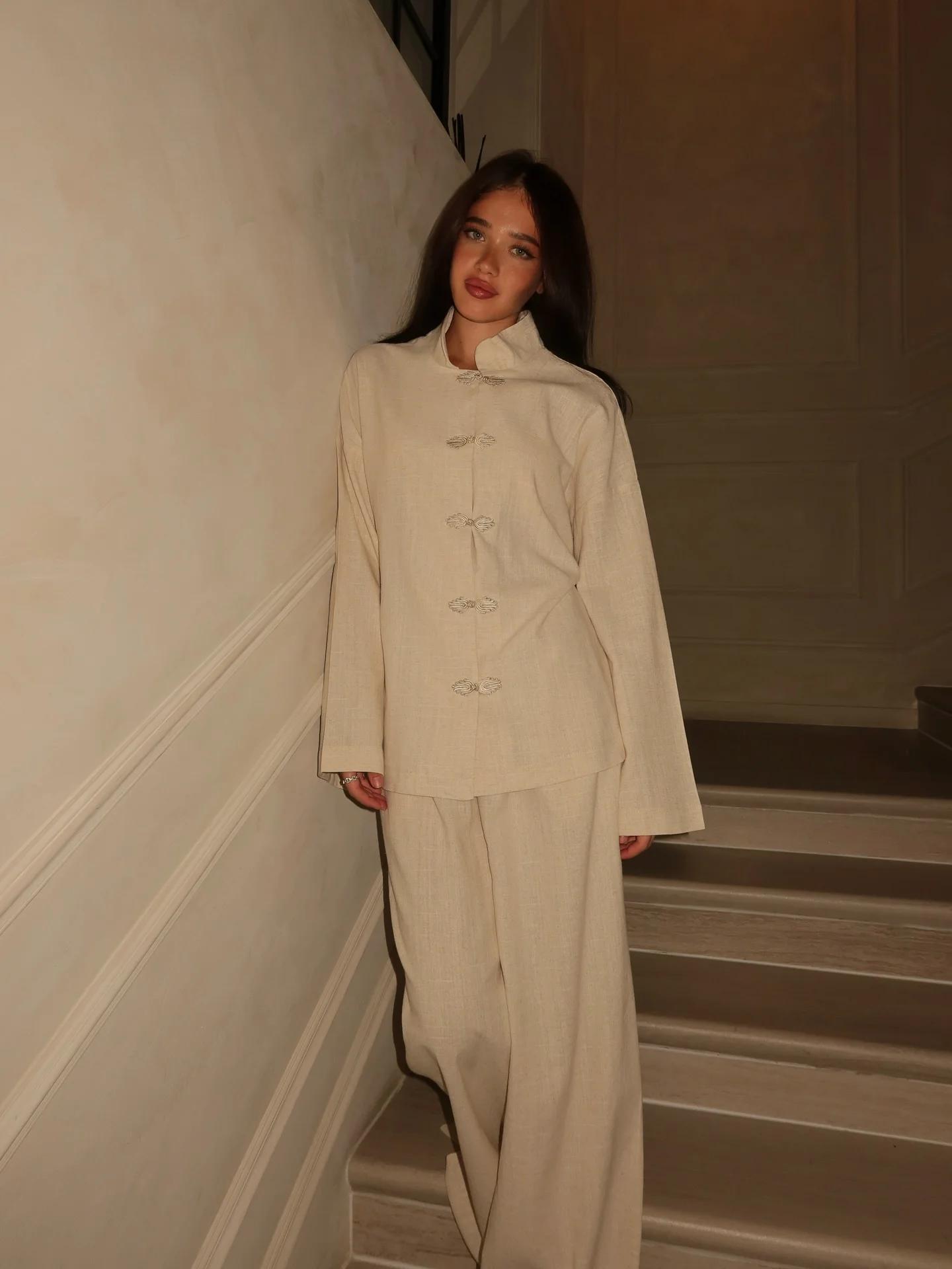 Ensemble pantalon long femme style chinois chic avec boutons grenouille, manteau à col montant simpl