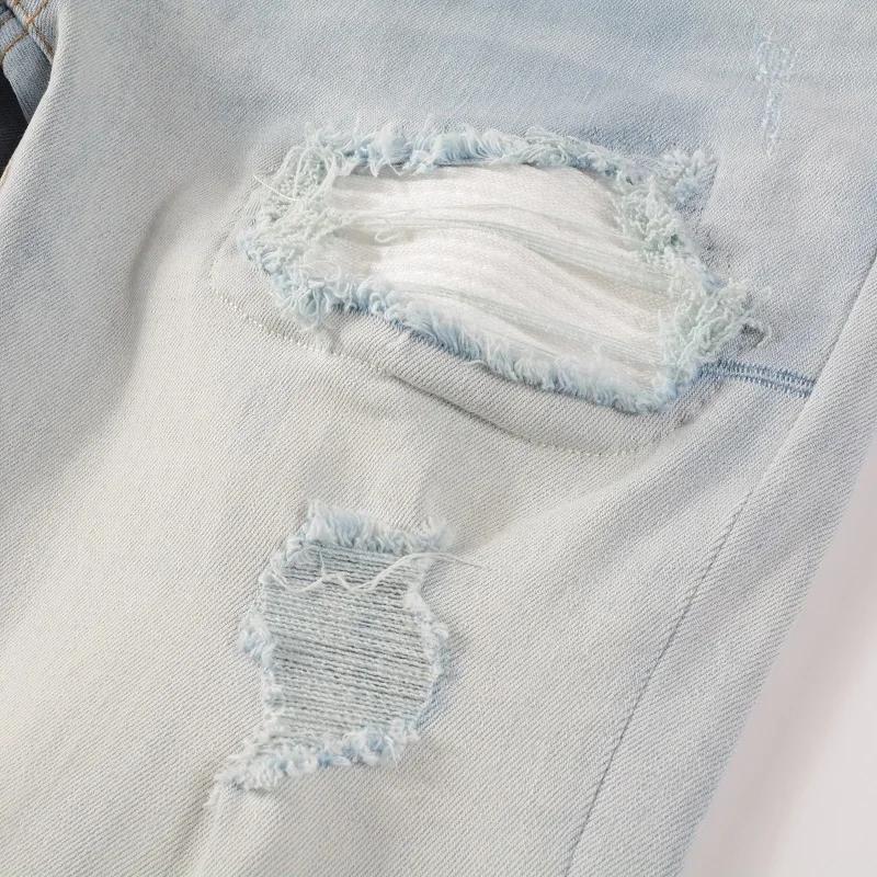 Jean de motard bleu clair pâle pour hommes, Patch plissé craquelé, pantalon en Denim extensible, Str