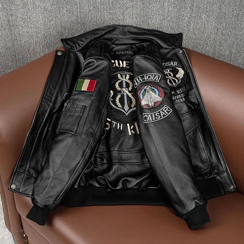 Blouson aviateur en cuir véritable brodé pour hommes, veste Air Force, manteau de moto, vêtements de