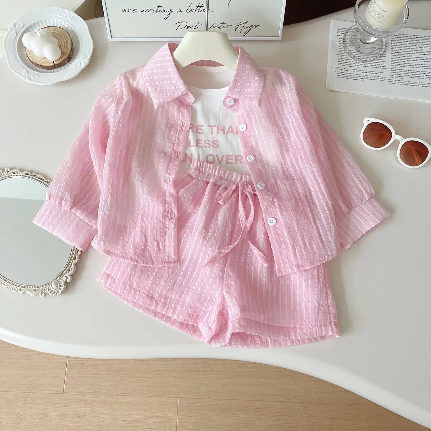 Ensemble de protection solaire pour filles, chemise à manches longues à rayures + gilet + short, cos