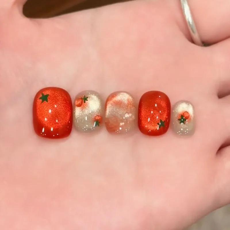 10 pièces ongles à pression courts ovales rouges festifs avec un design de tomate mignon finition br