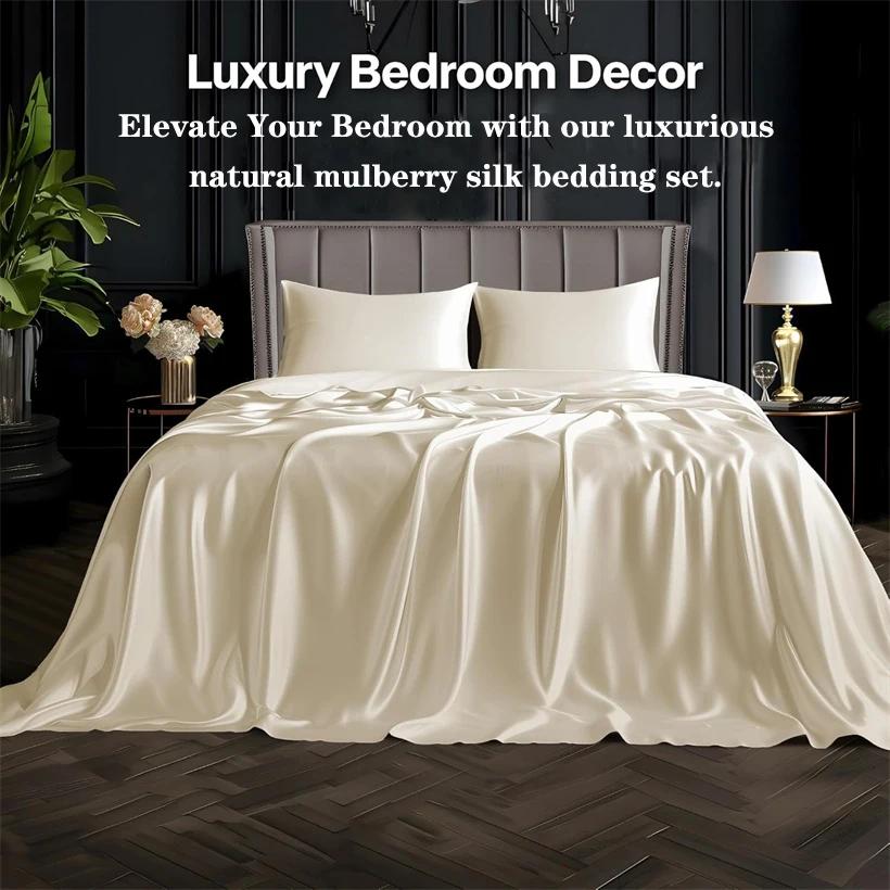Parure de lit en soie de mûrier de luxe, 100% soie naturelle, comprenant housse de couette, drap et