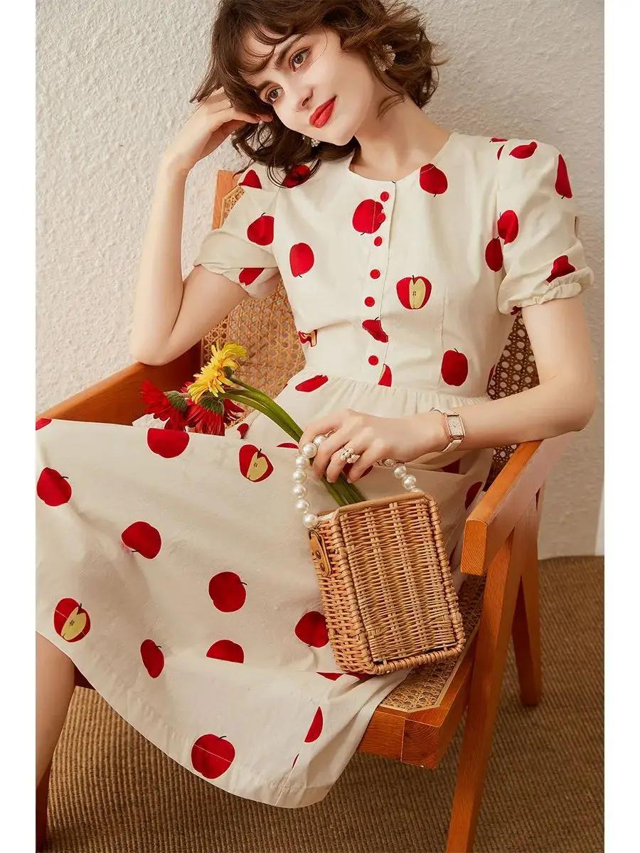 Modiis Yao-Robe longue trapèze pour femme, tenue élégante, imprimée pomme, col rond, manches courtes
