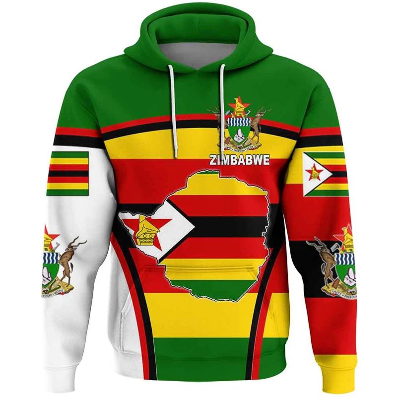 Zimbabwe Feel Map Graphic PVD National Emblem Hoodie for Men, Africa Boy Clothes, Casual Male Survêt
