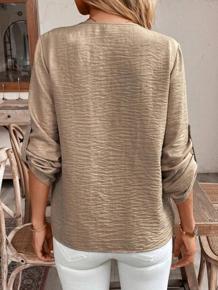 Dames élégant Simple col en v trajet couleur Pure manches à revers décontracté sophistiqué chemise t