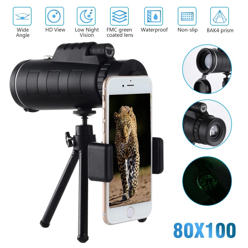Télescope monoculaire 80x100 HD, n'aime injuste, pour l'extérieur, portable, longue portée, étanche,