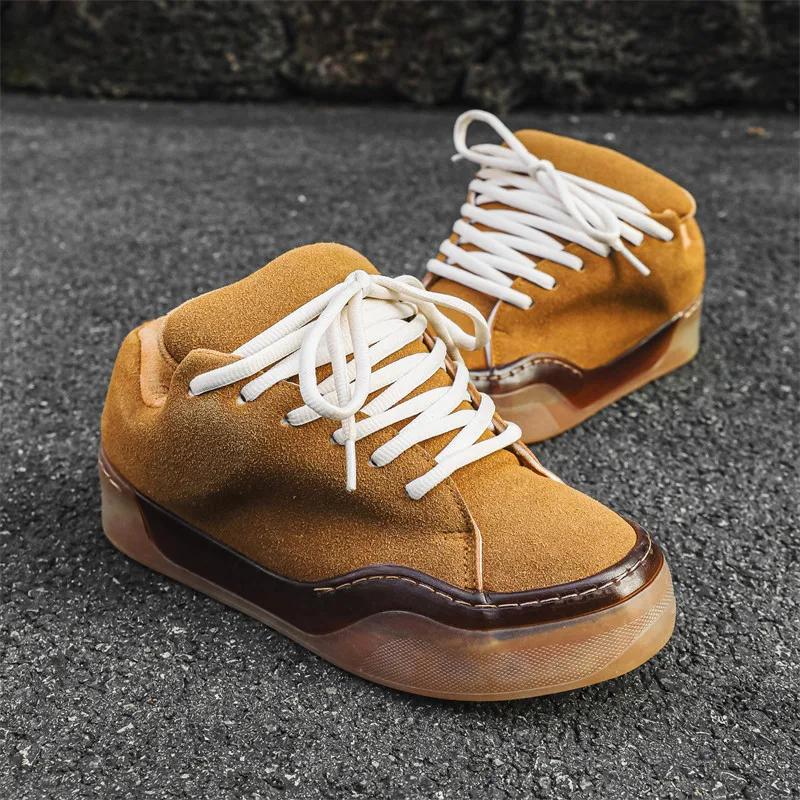 Chaussures de skateboard en cuir suédé pour hommes, baskets marron, chaussures à plateforme, chaussu