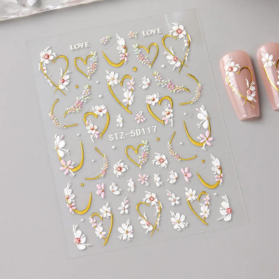 5D en relief Kawaii Floral or ligne curseurs printemps fleurs blanches ongles autocollants bricolage