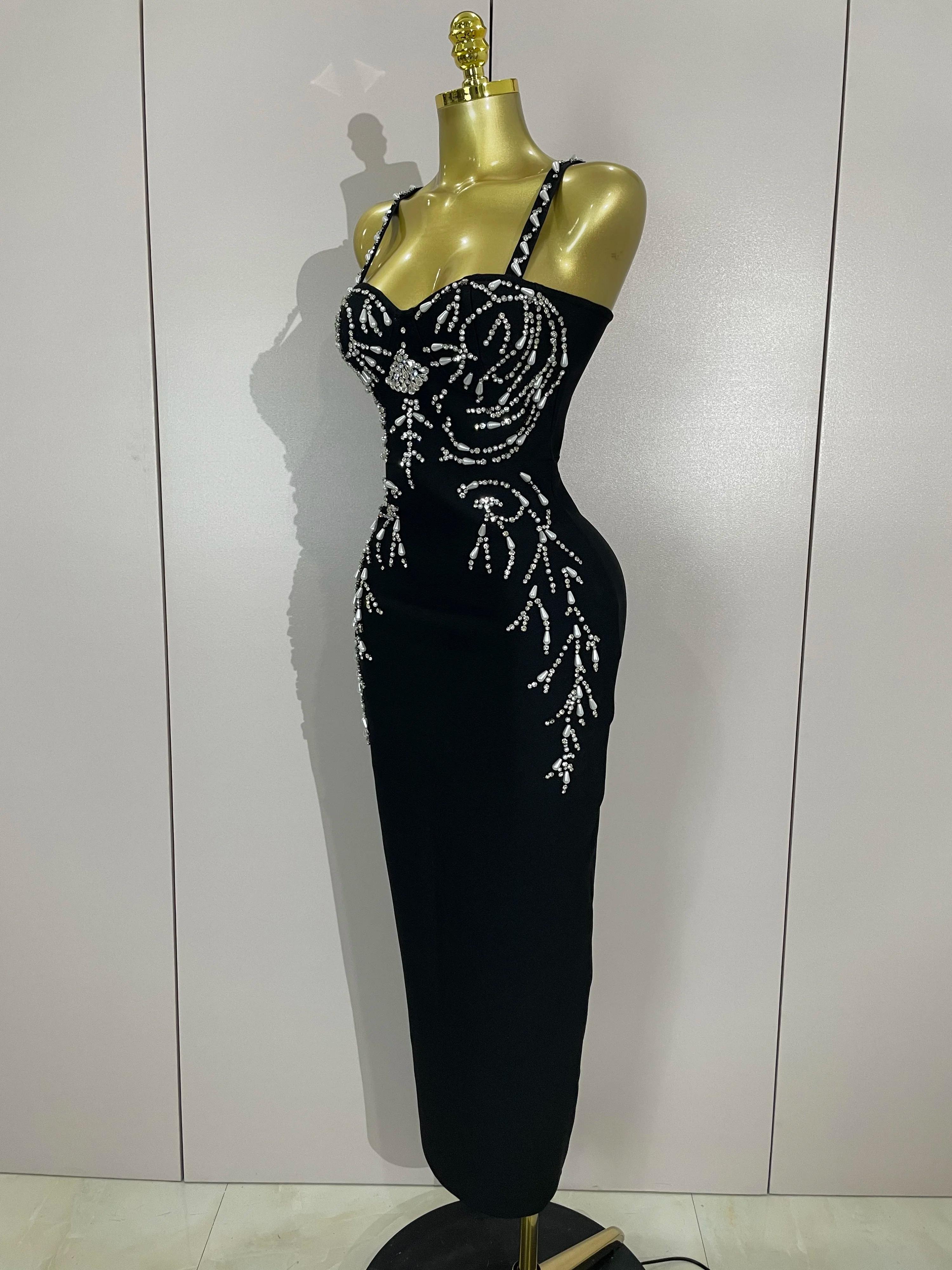 2025 Nouveau Sexy Dos Nu Noir Perles Longue Moulante Bandage Robe Femmes Célébrité Élégant Soirée Cl