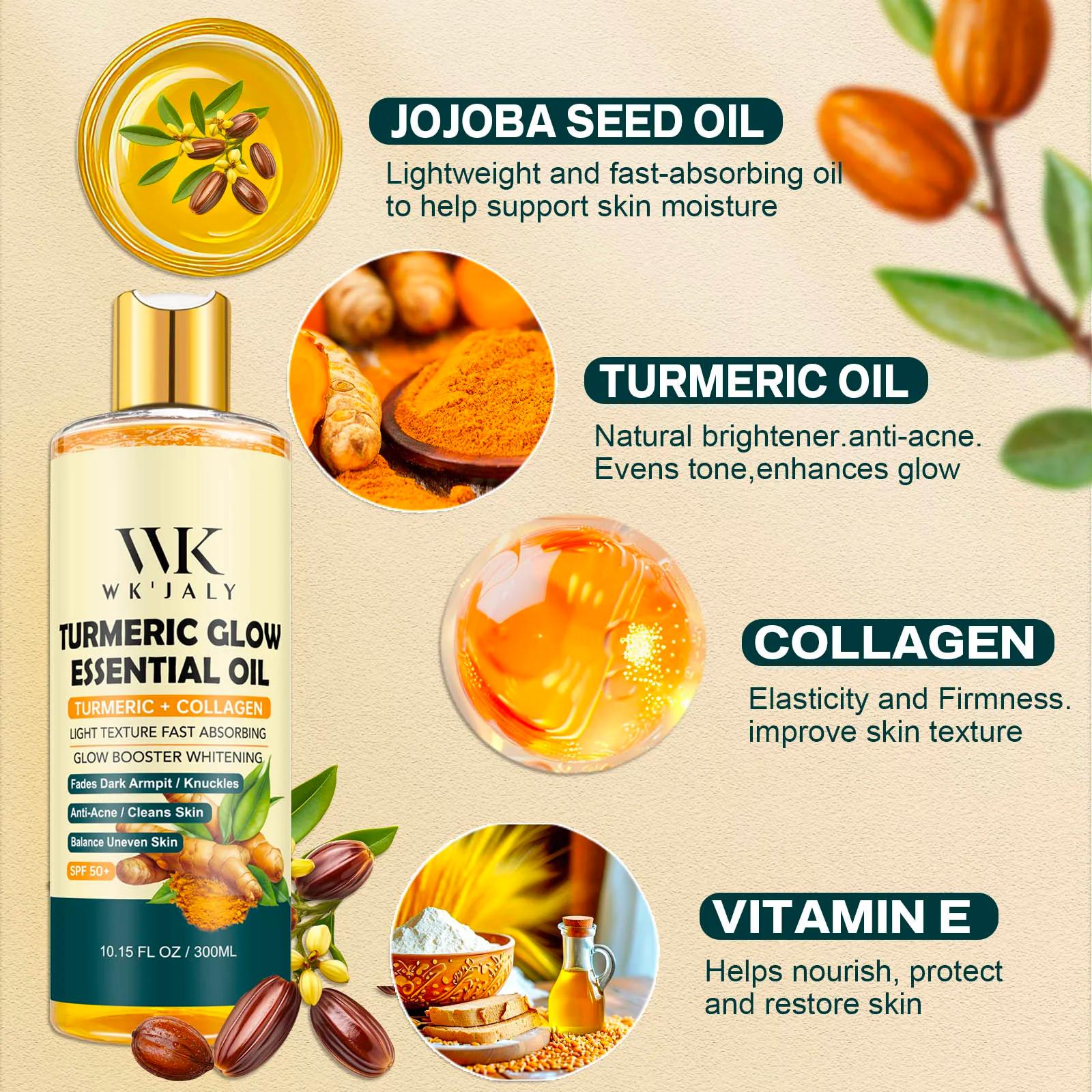 WK JALY Huile essentielle pour le corps au lueur de curcuma, hydratante, blanchissante, estompe les