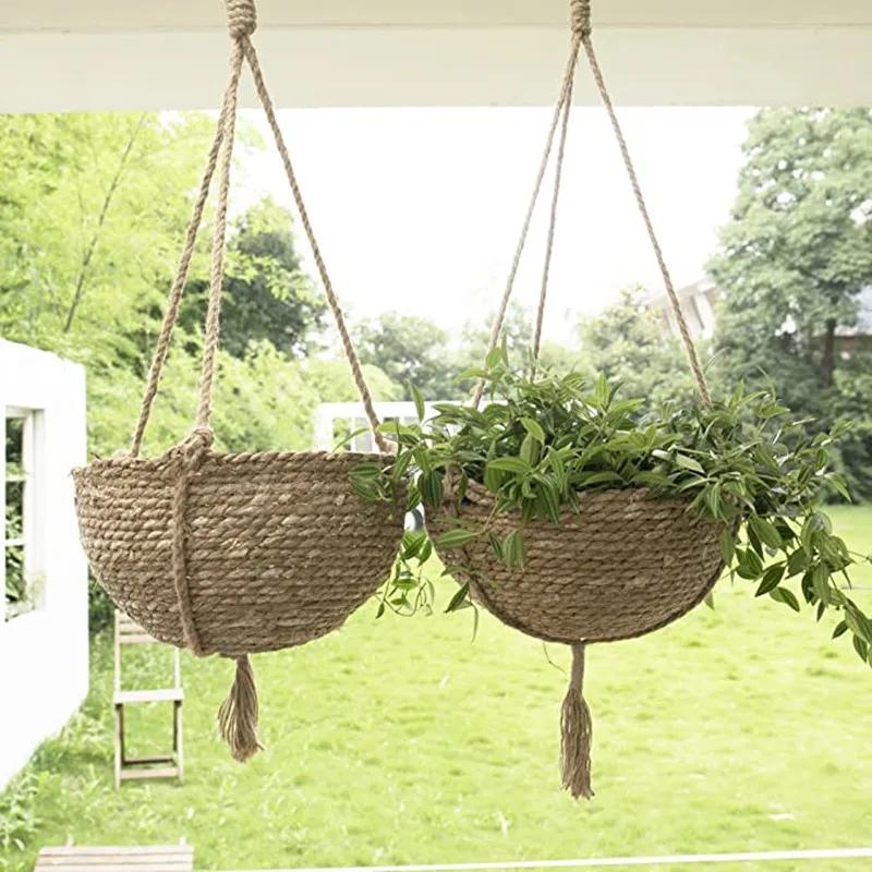 Ensemble de paniers de jardinières suspendus en jonc de mer naturel, Pots de plantes d'intérieur, dé