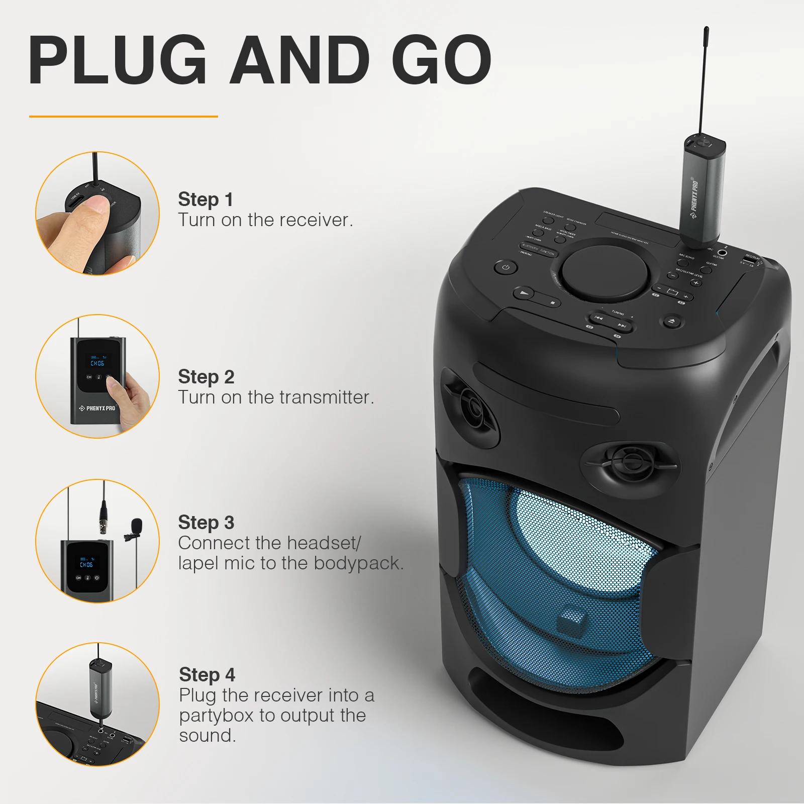 Phenyx Pro Système de microphone sans fil numérique unique avec 15 canaux UHF, émetteur Bodypack, mi