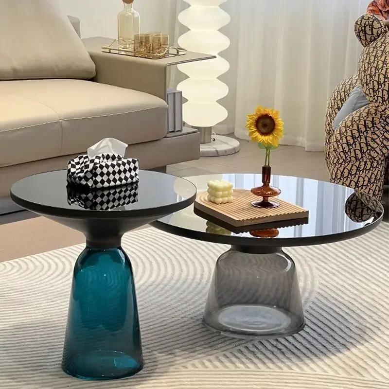 Table Basse Transparente en Verre Coloré pour Salon, Ronde, Haut de Gamme