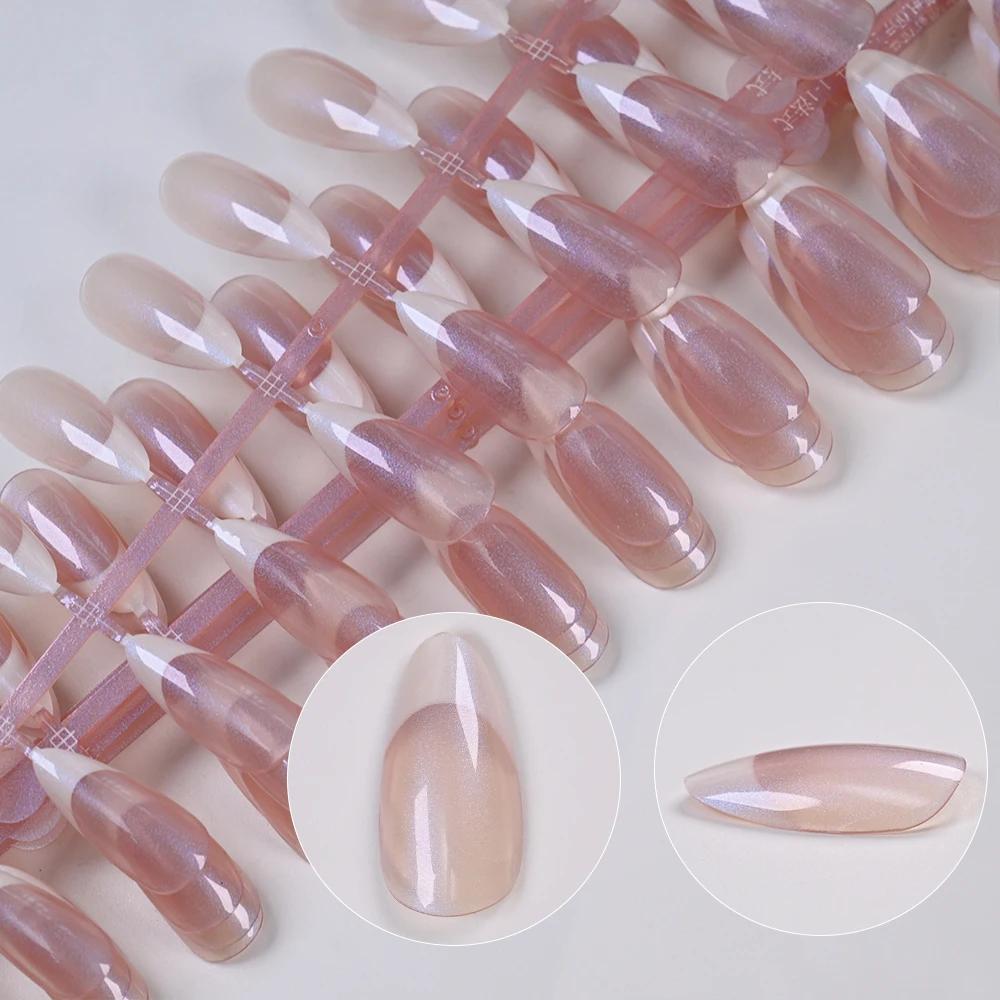 120 pièces français nacré faux ongles court amande couverture complète presse sur ongles blanc bord