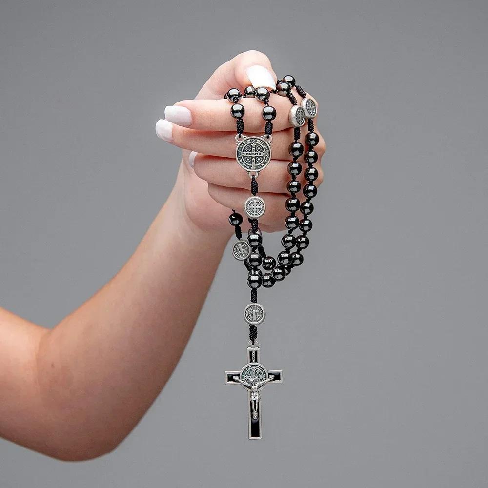 Chapelet catholique, ornement de voiture, perle d'hématite noire, médaille de Saint benoît, croix de