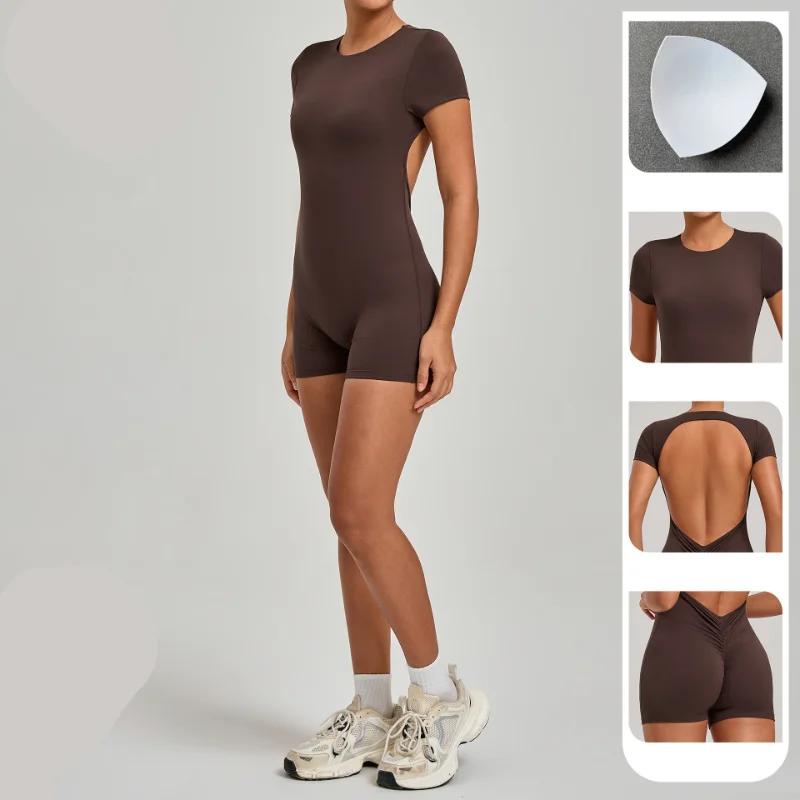 Combinaison de yoga sans couture pour femme, ensemble de sport, tenue de fitness une pièce à manches