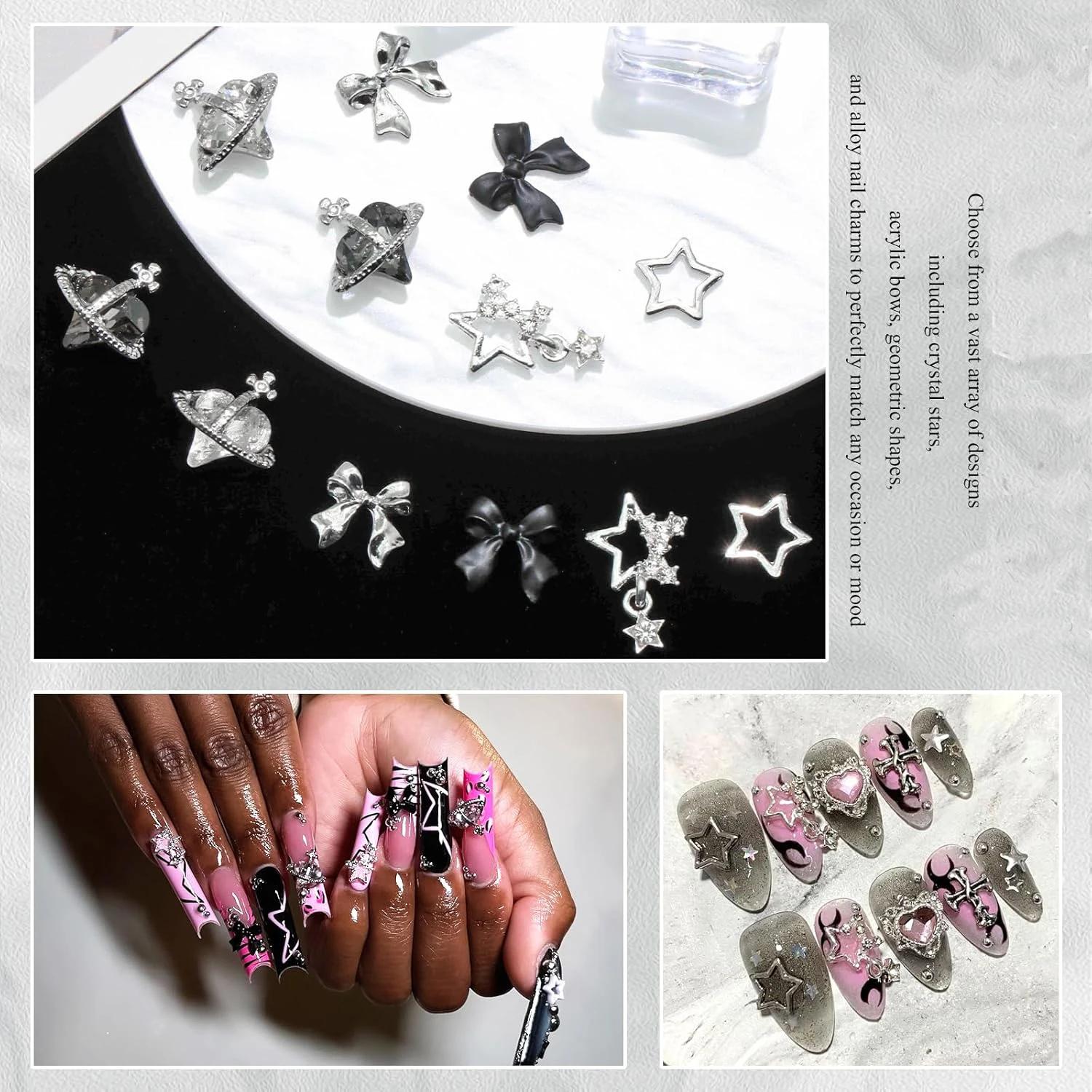 122 pièces étoile ongles breloques 3D argent ongles breloques alliage arc breloques cristal Starligh