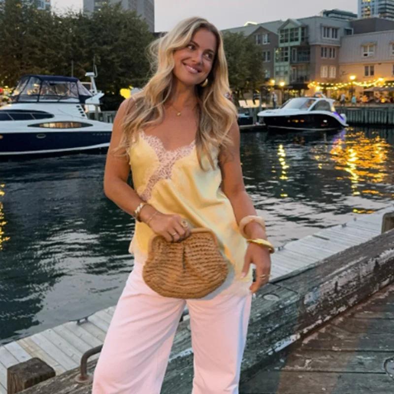 HXAO femmes recadrée dentelle haut Slip dos nu Sexy haut bleu femmes sans manches Camisole hauts de