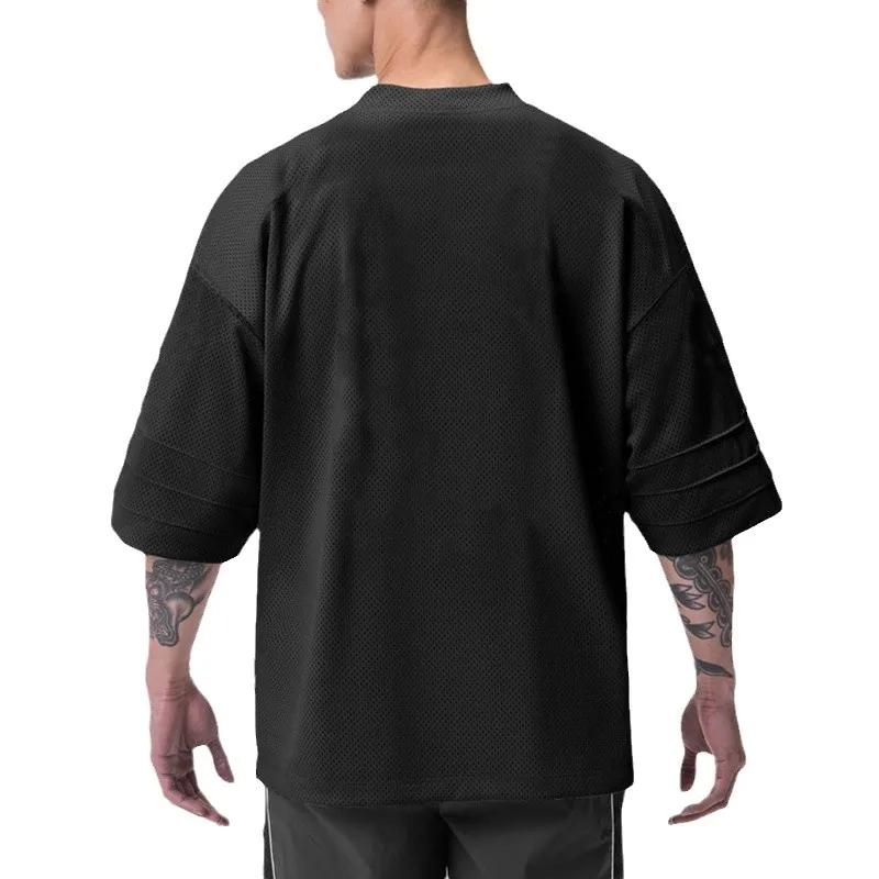 T-shirt manches mi-longues pour hommes, sport de gymnastique uni, musculation, maille surdimensionné