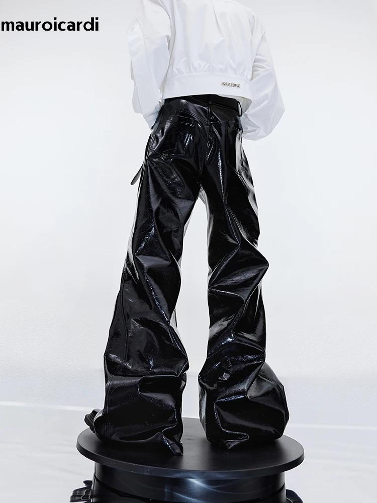Mauroicardi printemps automne Cool noir brillant réfléchissant Pu cuir Flare pantalon pour hommes ha