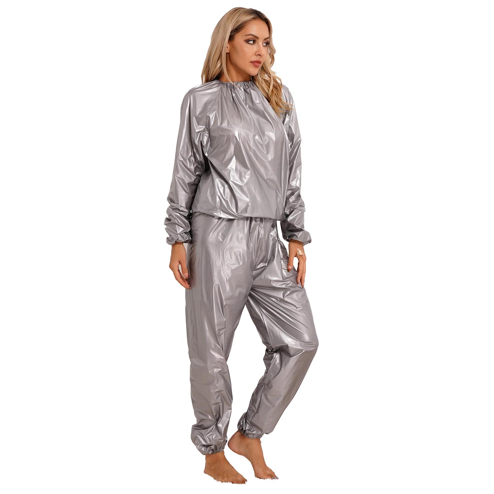 Combinaison de Sauna en PVC pour femmes, 2 pièces, manches longues, manchette élastique, haut et pan