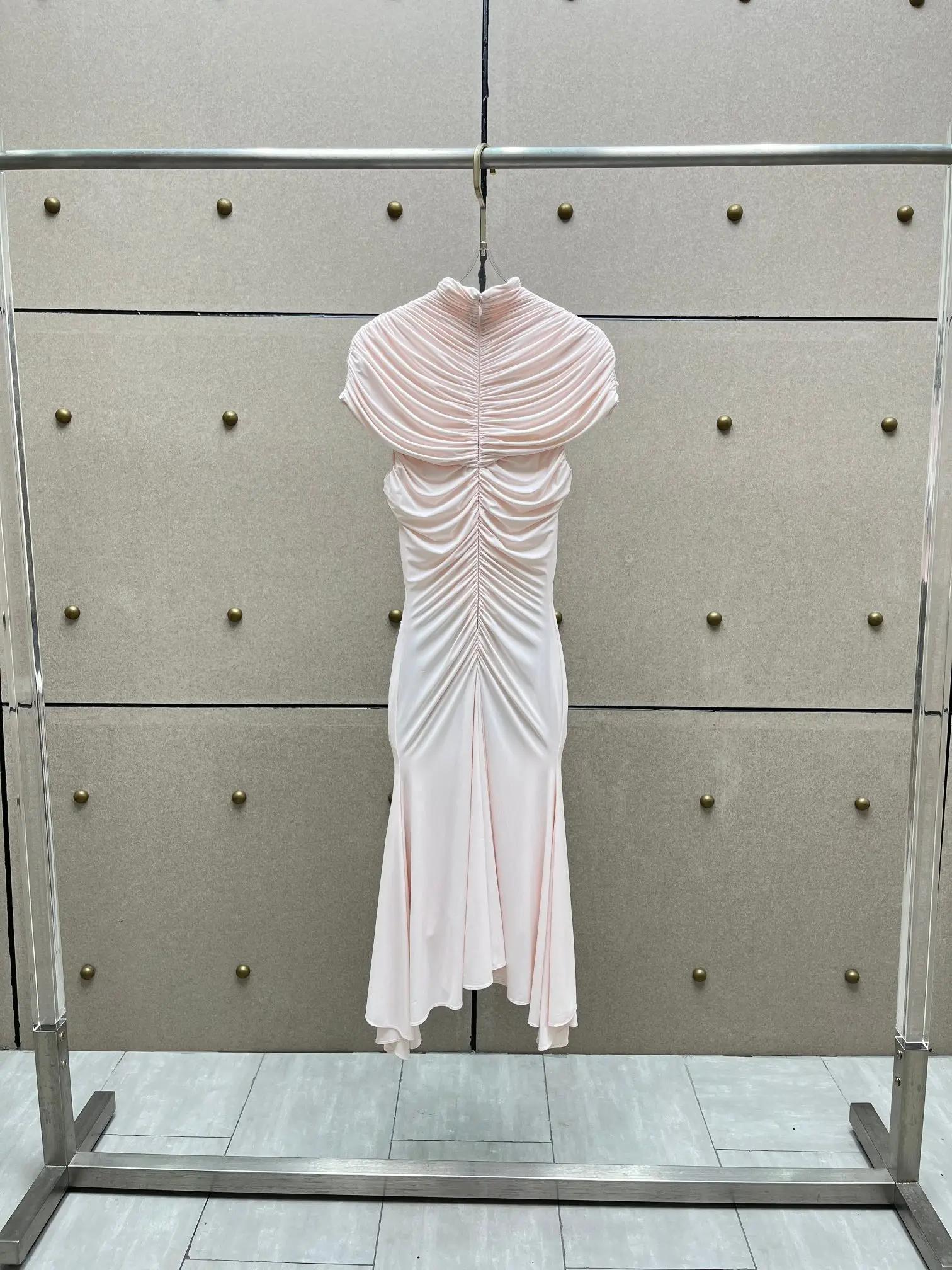 Robe longue plissée sexy, col haut, manches courtes, tempérament, mode, robes de soirée, paquet Slim