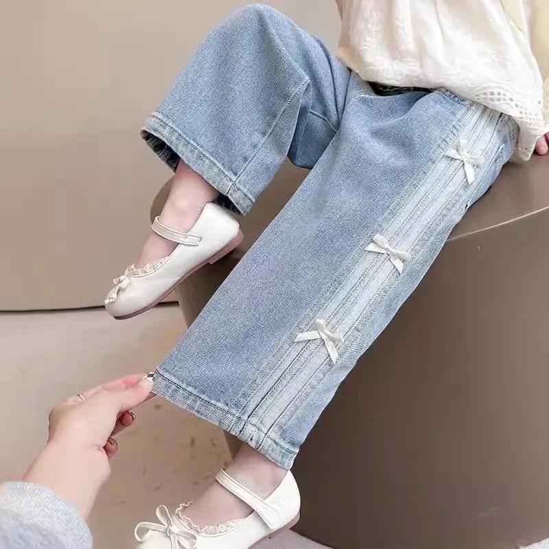 Jeans de printemps pour bébés filles, pantalon en denim à nœud pour enfants, pantalon droit à jambes