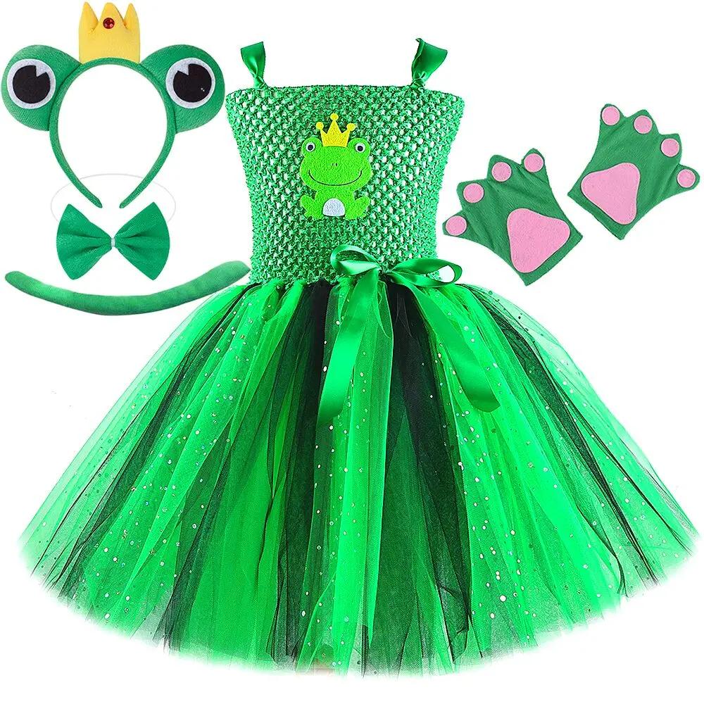 Robes de princesse grenouille verte scintillante pour petites filles, déguisement d'anniversaire pou