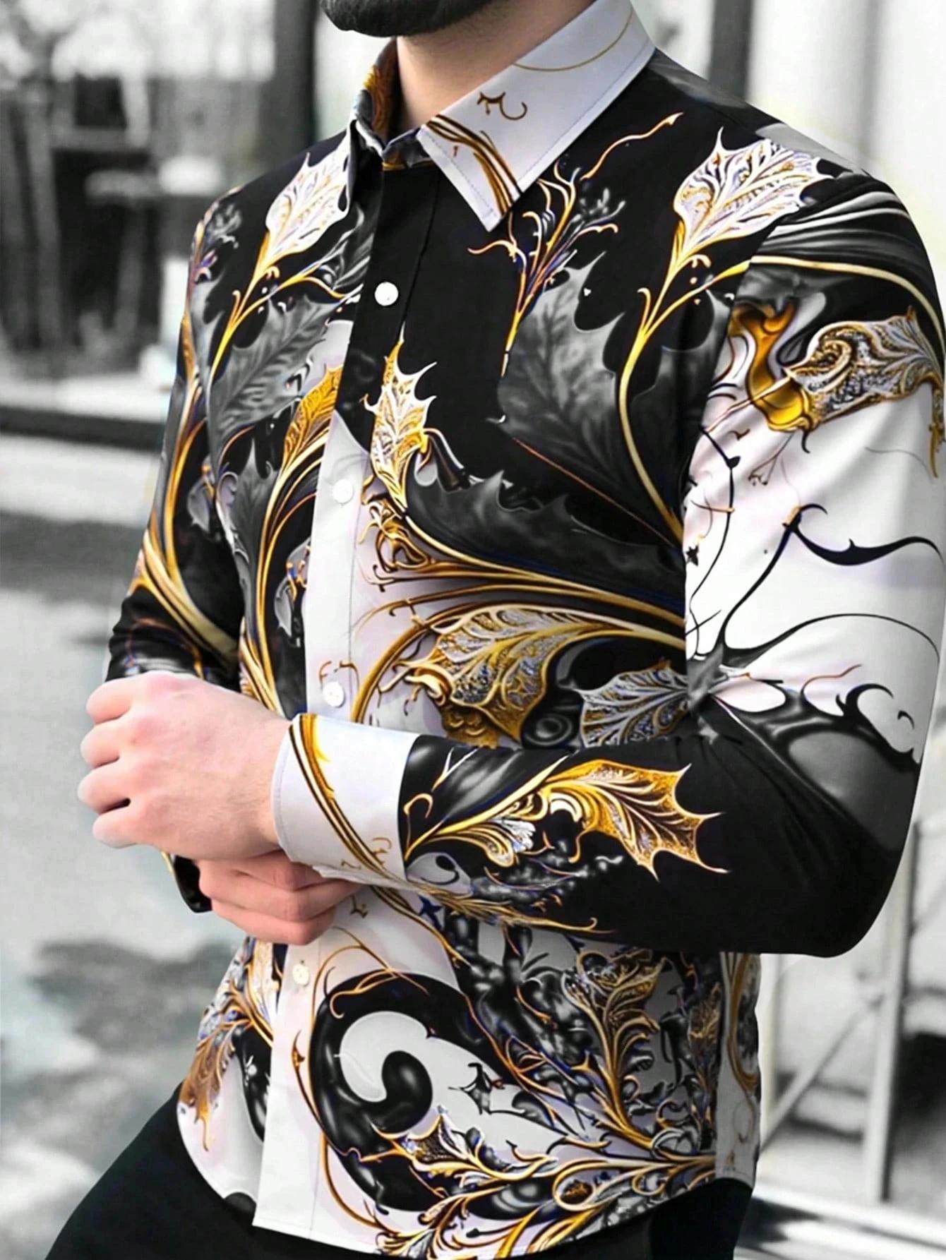 Chemise boutonnée décontractée à motifs géométriques pour hommes – Mélange de polyester, col à rever