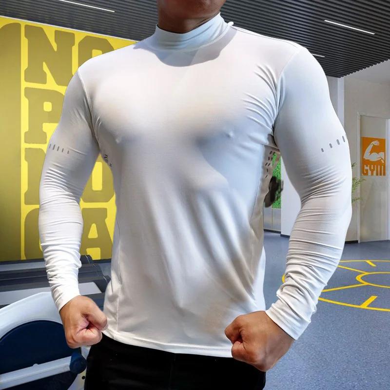 T-shirt compression col haut pour hommes - Haut élastique respirant pour sport et fitness
