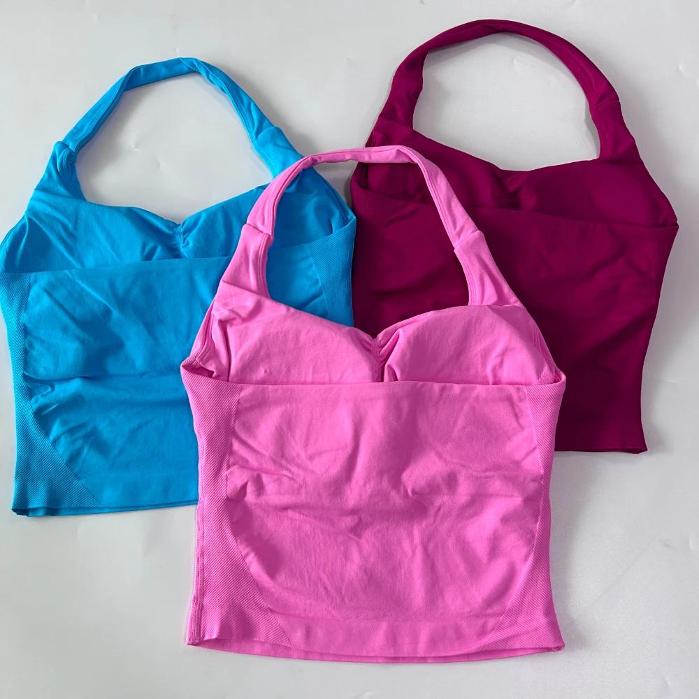 Sans Logo sans couture haut à licou dos nu palangre à bretelles rembourré haut de sport femmes souti
