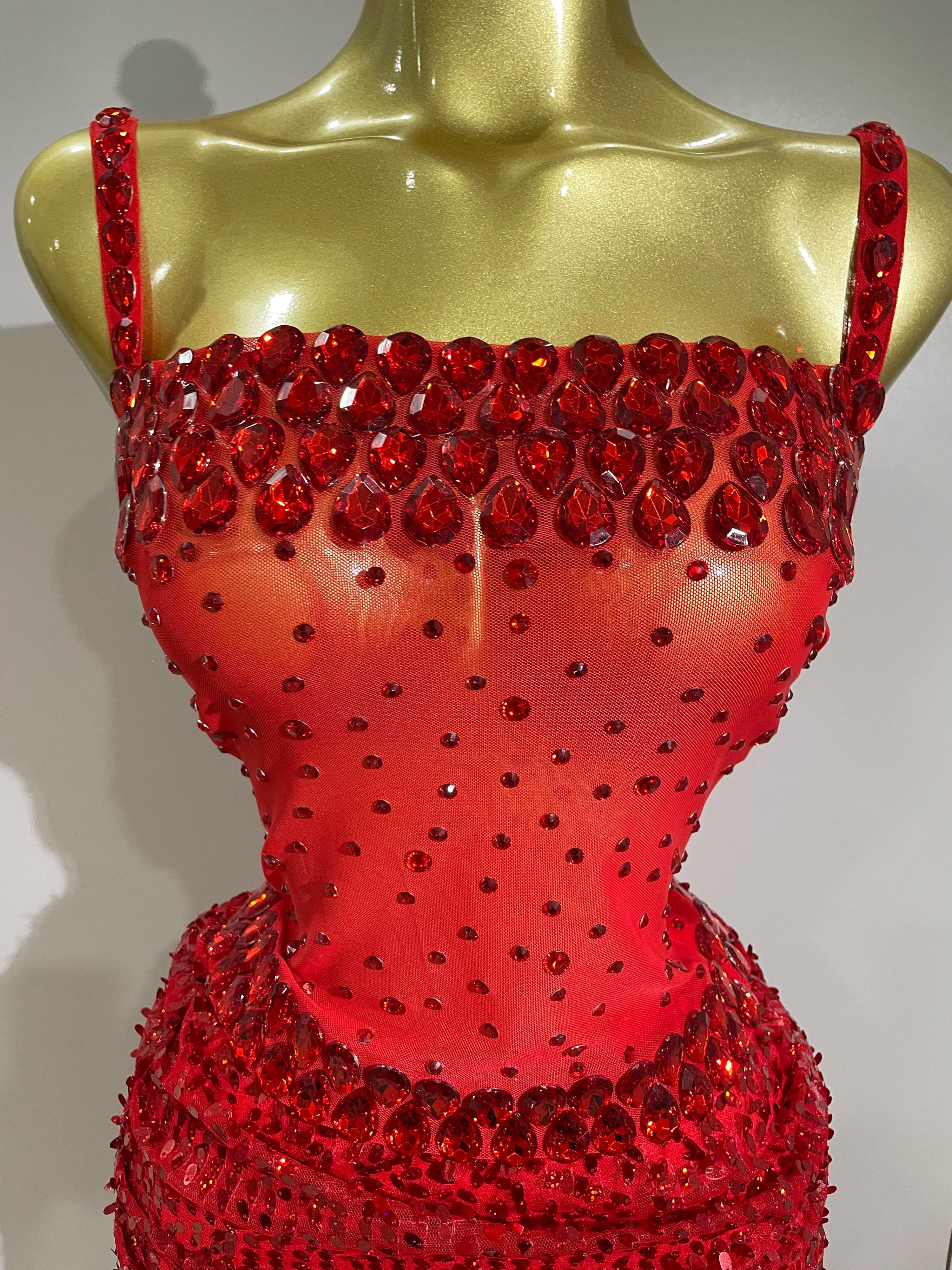 Robe longue 2 pièces transparente et sexy avec strass rouges scintillants et paillettes, pour femmes