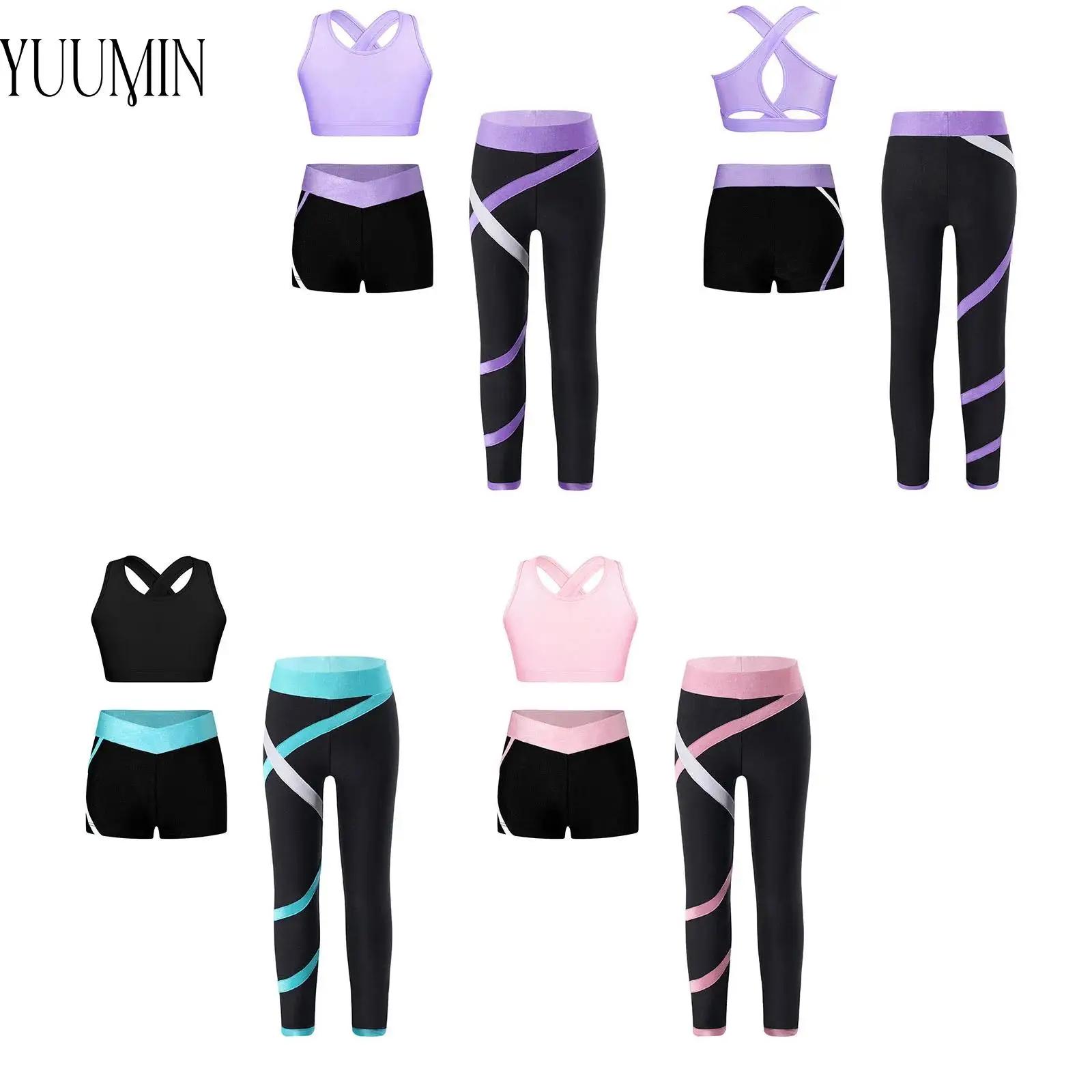 Ensemble de sport de yoga pour filles, 3 pièces, dos croisé, trou de serrure, vernis court, pantalon
