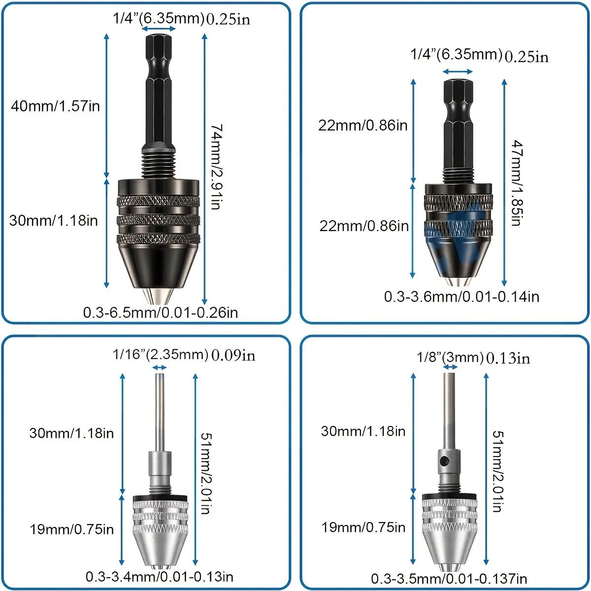Mandrin de perçage sans clé, 1/4, 1/8, 1/16 pouces, tiges hexagonales et rondes, petit adaptateur de