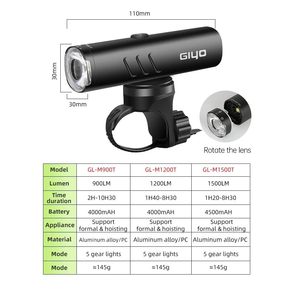 Lampe avant de vélo GIYO, phare 1500LM/1200LM/900LM, LED rechargeable par USB, 4000mAh, lampe de vél