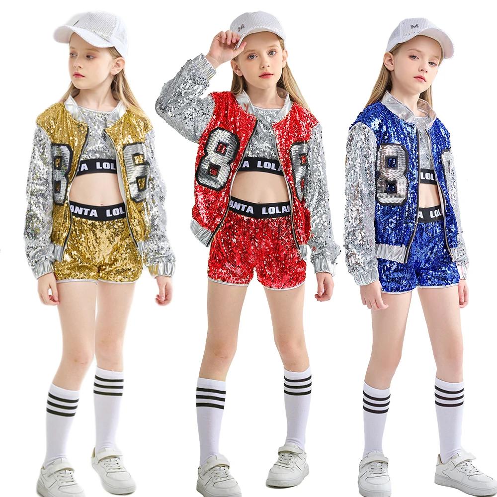 LOlanta 4-14 ans filles rose paillettes Crop Tops short veste Costume de danse Hip Hop moderne Jazz