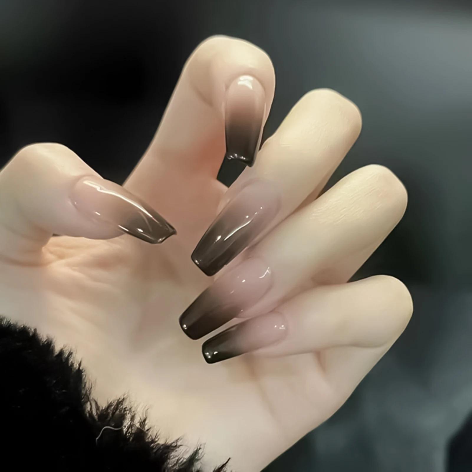 Ensemble de faux ongles noirs brillants, 24 pièces, pointes à pression, couleur unie, longs Stiletto
