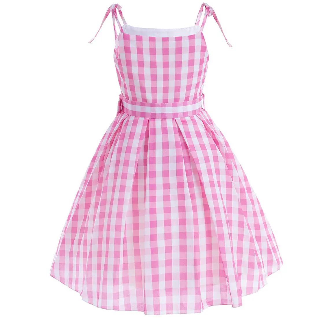 Robe d'été rose bébé sans manches à carreaux et fines bretelles pour fille, style cow-boy, inspirée