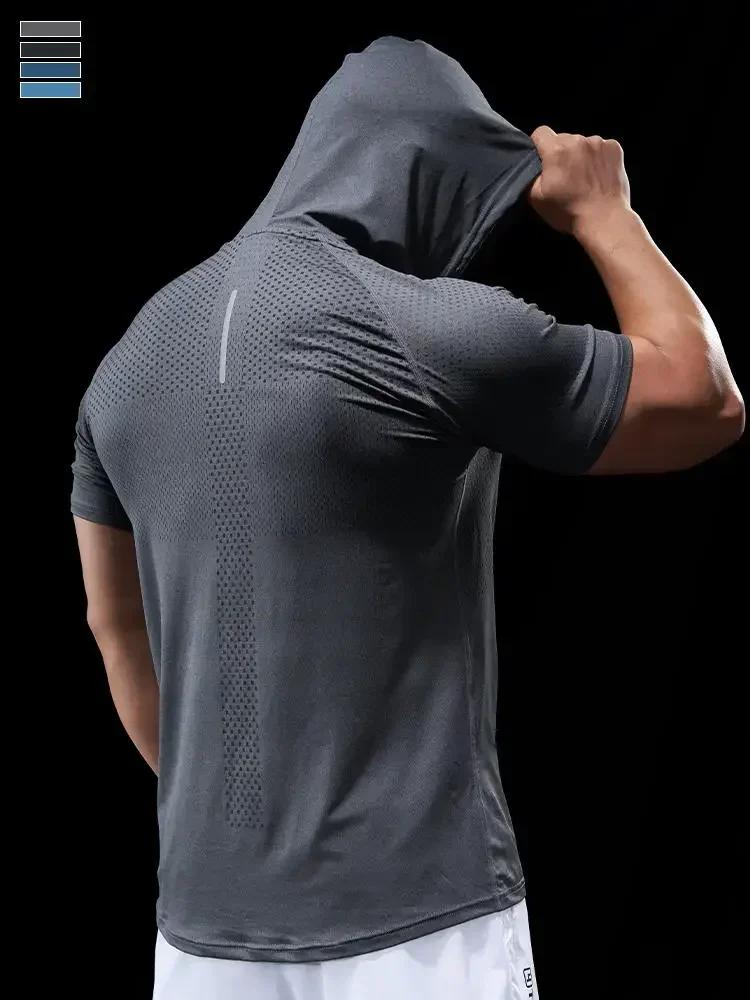 Sweat à capuche homme fitness course musculaire - T-shirt manches courtes cyclisme extérieur