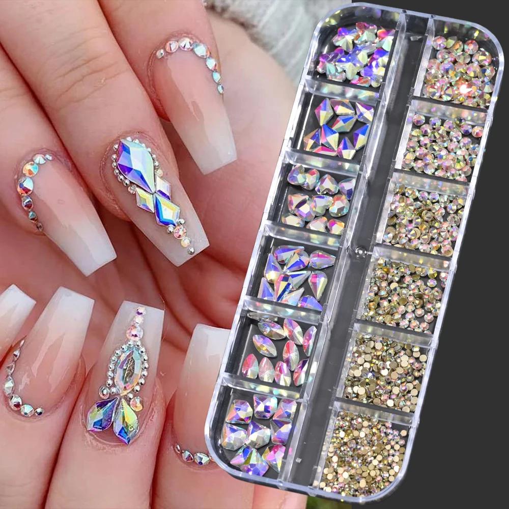 Strass en cristal de forme mixte pour Nail Art, 12 grilles, rose/rouge, pierres précieuses à dos pla