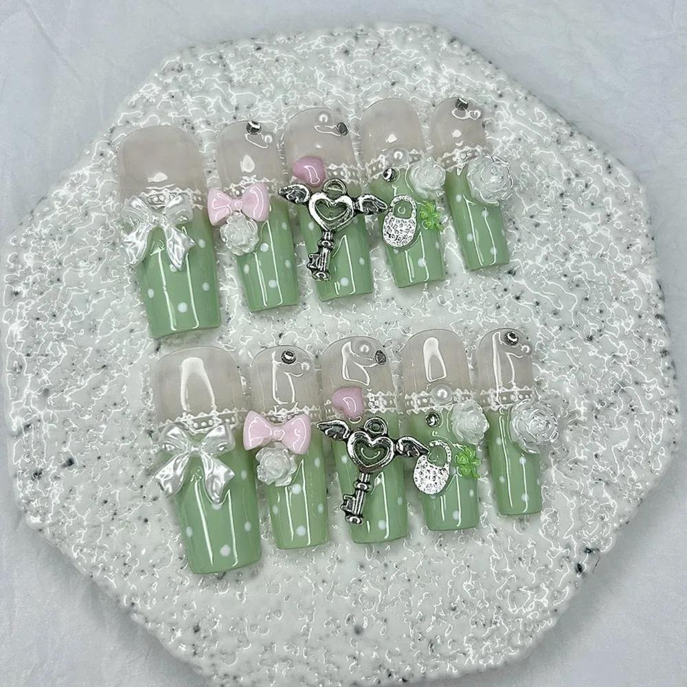 Y2K Vintage Gyaru français dentelle longue à la main presse sur les ongles arc perle à pois trèfle f