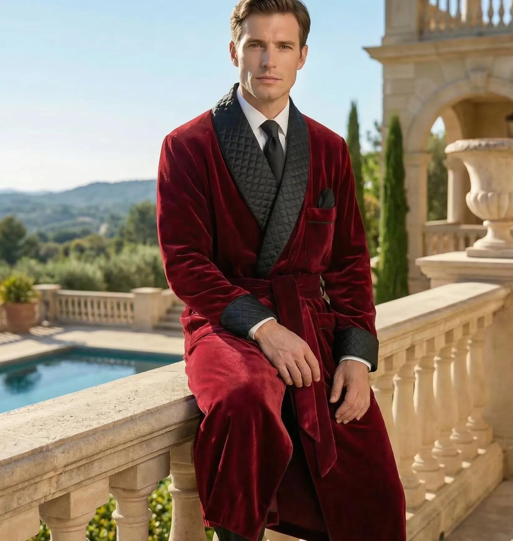 Veste de smoking longue en velours à revers châle, costume de marié, blazer pour homme avec ceinture