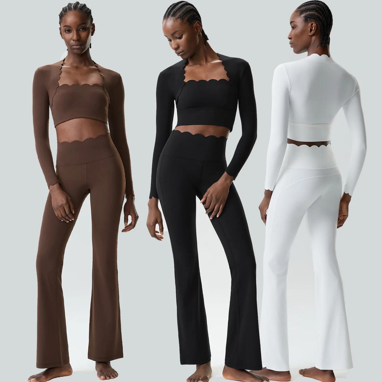 Ensemble de yoga fitness deux pièces pour femmes, couleur unie, manches longues, vêtements de sport