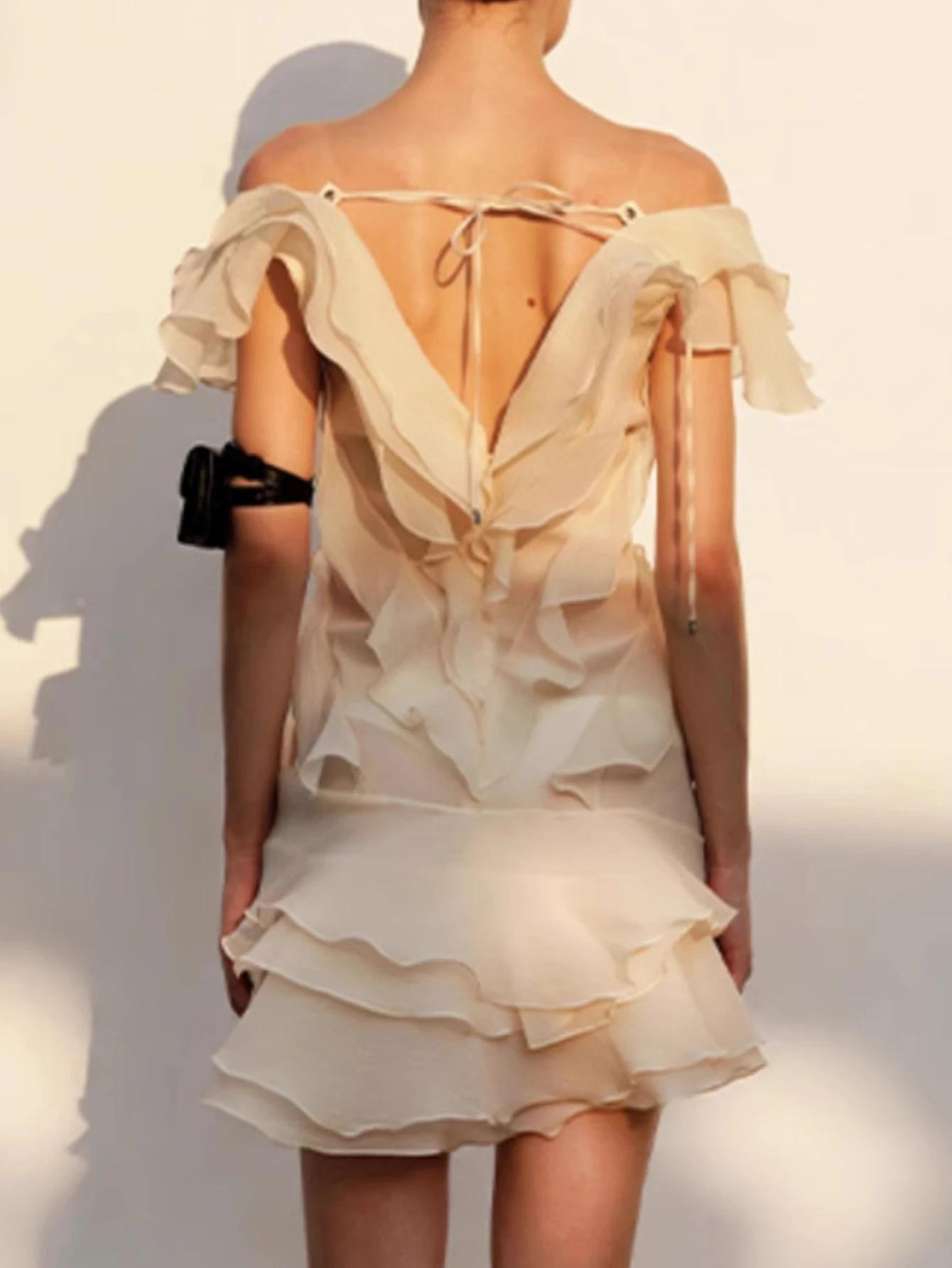 Mini robe d'été sexy en maille, dos nu, à volants, courte, tenue de soirée, vacances, Rh, anniversai