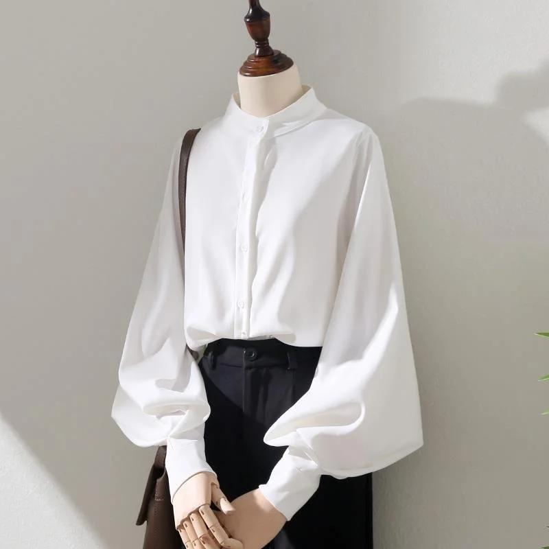 Chemise à manches longues lanterne pour femme, chemisiers de style printemps et automne, col montant